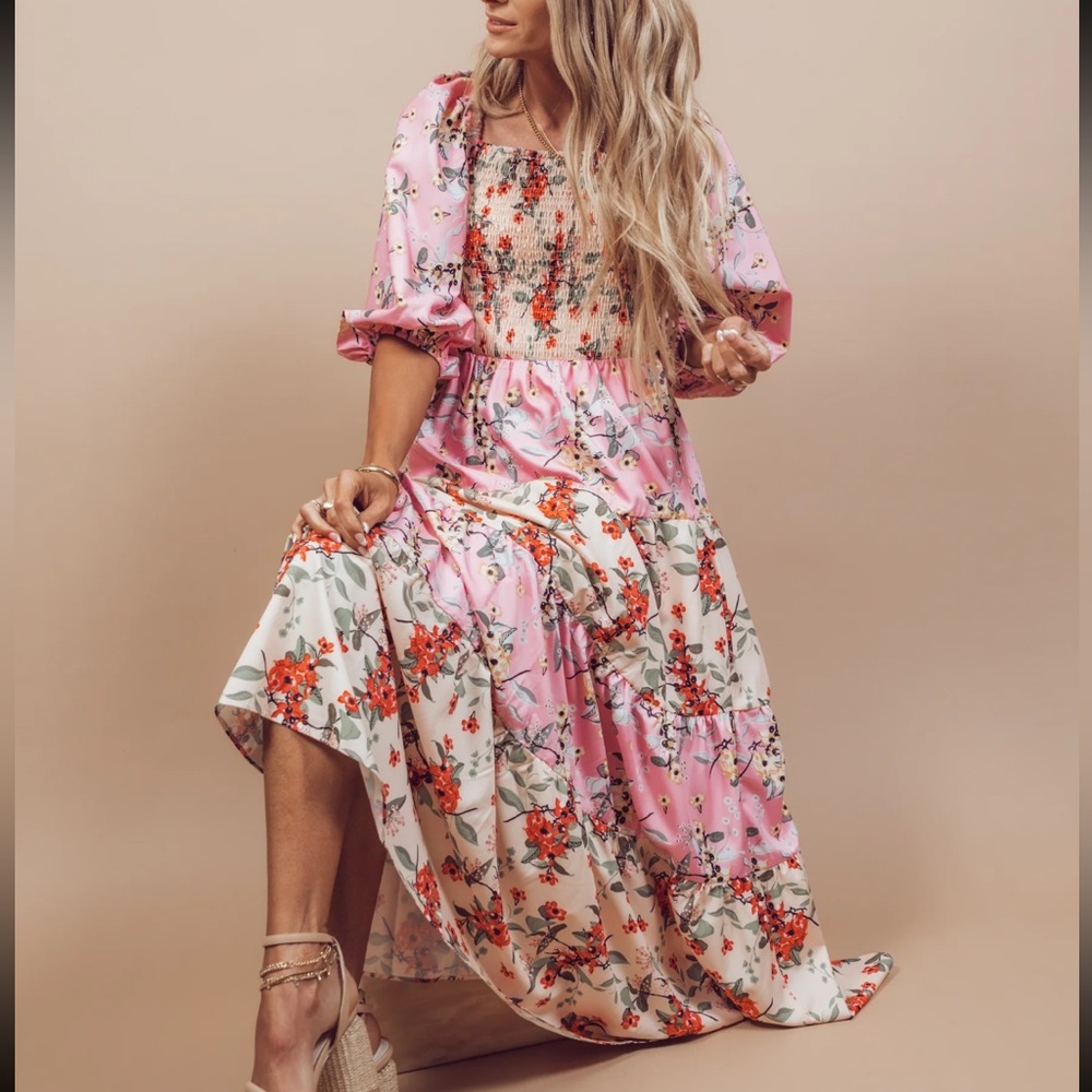 SHOP STEVIE Roxana Floral Ruched Top Dress with Puff Sleeve and Bow Tie Back